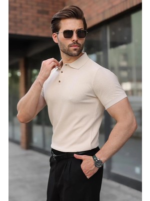 Madmext Taş Rengi Çıt Kapamalı Polo Yaka Triko Erkek Tişört E7493