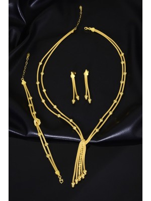 Innuendo Jewelry 925 Ayar Gümüş Altın Kaplama Dorikalı Püskül Detaylı Kolye Bileklik Küpe Seti