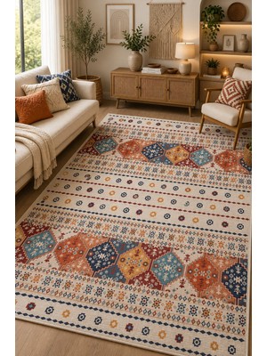 Norella Home Renkli Etnik Desenli Kaymaz Taban Yıkanabilir Salon Mutfak Koridor Halısı