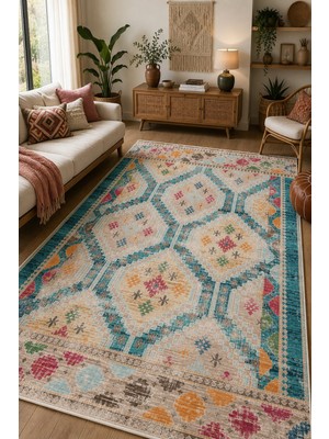 Norella Home Renkli Etnik Desenli Kaymaz Taban Yıkanabilir Salon Mutfak Koridor Halısı Bohem Dekoratif Halı