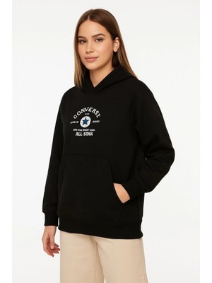 MiraLive Kapşonlu Sweatshirtoversize Fit, Ön  Arka Baskılı, Siyah -