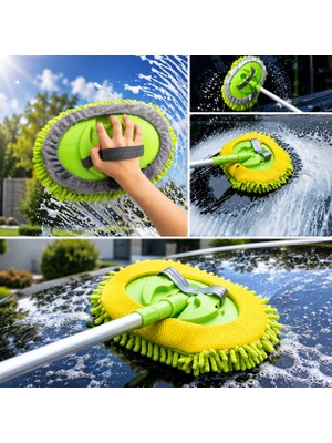 360° Döner Başlıklı Mikrofiber Araba Yıkama Fırçası Uzatılabilir Alüminyum Saplı Oto Yıkama Mop Fırçası
