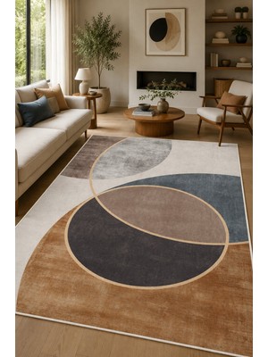 Norella Home Modern Soyut Geometrik Desenli Kaymaz Taban Yıkanabilir Salon Mutfak Koridor Halısı Bej Gri Dekoratif Halı