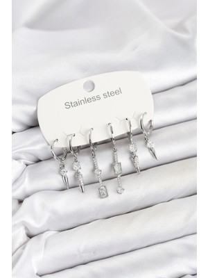 MiraLive Mey Ithalat® 316L Çelik Gümüş Renk Zirkon Taşlı Kadın Küpe Seti