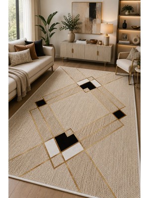 Norella Home Modern Geometrik Desenli Kaymaz Taban Yıkanabilir Salon Mutfak Koridor Halısı Bej Gold Dekoratif Halı