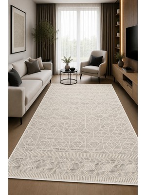 Norella Home Bohem Dokulu Kaymaz Taban Yıkanabilir Salon Mutfak Koridor Halısı Krem Bej Dekoratif Halı
