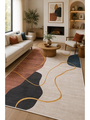 Norella Home Modern Soyut Desenli Kaymaz Taban Yıkanabilir Salon Mutfak Koridor Halısı Bej Antrasit Dekoratif Halı