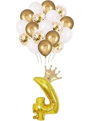 Larskas 4 Rakam Gold Folyo Balon, Kral Tacı ve Konfetili Gold Balon