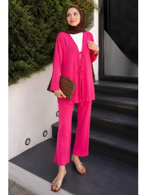 İmaj Butik Fuşya Ön Bağlamalı Bürümcük Kimono Pantolonlu Takım