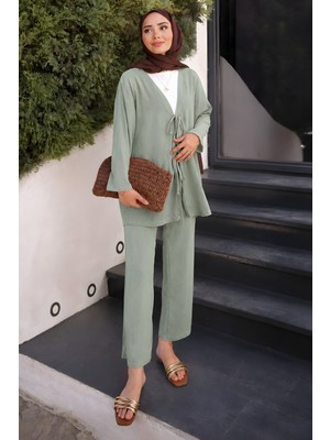 İmaj Butik Mint Yeşili Ön Bağlamalı Bürümcük Kimono Pantolonlu Takım