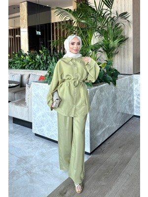 İmaj Butik Olive Kuşaklı Gömlek Pantolonlu Modal Takım