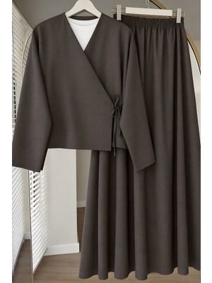 İmaj Butik Acı Kahve Yandan Bağlamalı Dabıl Kimono Etekli Takım