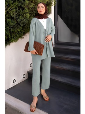 İmaj Butik Açık Mint Ön Bağlamalı Bürümcük Kimono Pantolonlu Takım