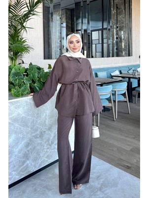 İmaj Butik Kahverengi Gömlek Pantolonlu Modal Takım