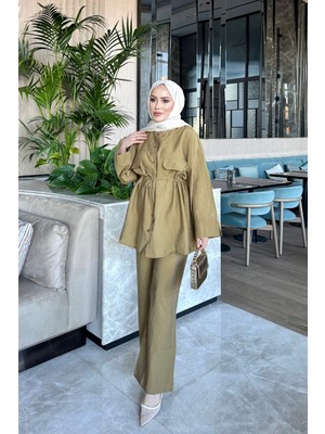İmaj Butik Yağ Yeşili Bel Bağlamalı Tunik Pantolonlu Takım
