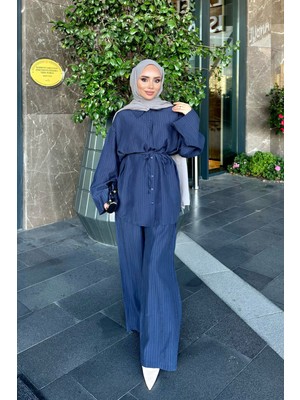 İmaj Butik Lacivert Bel Bağlamalı Gömlek Pantolonlu Takım