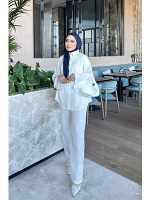 İmaj Butik Ekru Bel Bağlamalı Gömlek Pantolonlu Takım