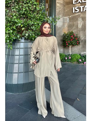 İmaj Butik Vizon Bel Bağlamalı Gömlek Pantolonlu Takım