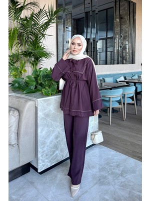 İmaj Butik Mürdüm Bel Bağlamalı Tunik Pantolonlu Takım