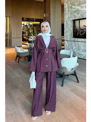 İmaj Butik Mürdüm Kemerli Ceket Pantolonlu Takım