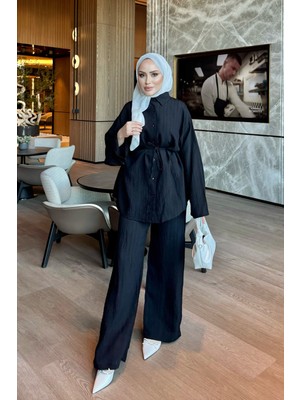 İmaj Butik Siyah Bel Bağlamalı Gömlek Pantolonlu Takım