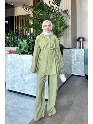 İmaj Butik Olive Bel Bağlamalı Gömlek Pantolonlu Takım