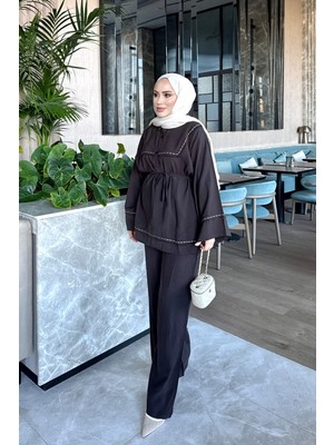 İmaj Butik Acı Kahve Bel Bağlamalı Tunik Pantolonlu Takım