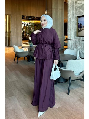 İmaj Butik Mürdüm Yarasa Kol Pantolonlu Panço Takım