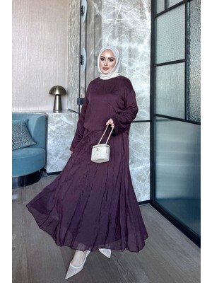İmaj Butik Mürdüm Dikiş Detaylı Bluz Etekli Takım