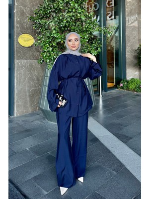 İmaj Butik Lacivert Bel Bağlamalı Gömlek Pantolonlu Takım