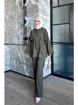 İmaj Butik Haki Bel Bağlamalı Tunik Pantolonlu Takım