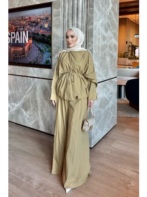İmaj Butik Yağ Yeşili Yarasa Kol Pantolonlu Panço Takım