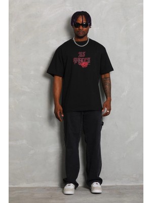 MiraLive Oversize Baskılı Bisiklet Yaka T-Shirt - Siyah -