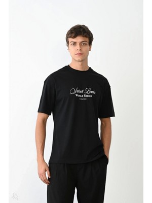 MiraLive Bisiklet Yaka Baskılı Oversize T-Shirt - Siyah -