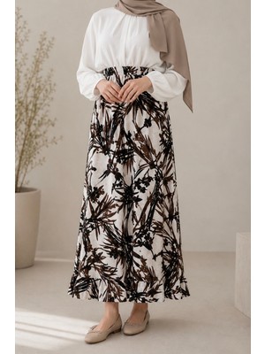 İmaj Butik Krem Bel Lastikli Desenli Viscon Etek