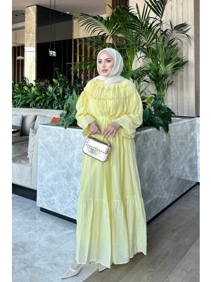 İmaj Butik Sarı Yaka Fırfırlı Bel Bağlamalı Elbise