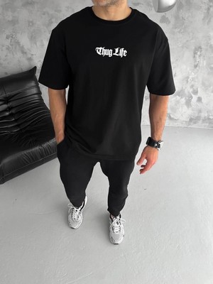 MiraLive Bisiklet Yaka Baskılı Oversize T-Shirt - Siyah -