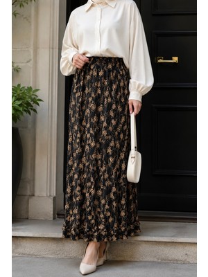 İmaj Butik Siyah Bel Lastikli Desenli Viscon Etek