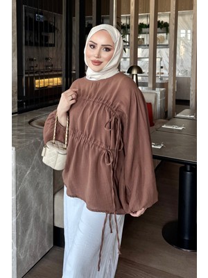 İmaj Butik Kahverengi Bağcık Detaylı Balon Kol Müslin Tunik
