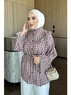 İmaj Butik Mürdüm Ekose Fırfırlı Bel Bağlamalı Gömlek