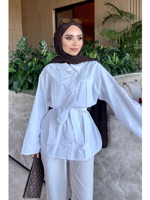 İmaj Butik Beyaz Geniş Kol Kuşaklı Gömlek