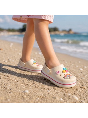 RS Riva Shoes Kız Çocuk Kreş Havuz Bahçe Terlik | Gökkuşağı ve Harf Aksesuarlı Hafif Günlük Terlik