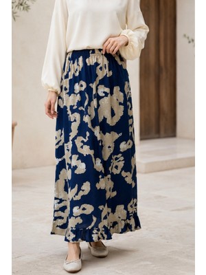 İmaj Butik Lacivert Bel Lastikli Desenli Viscon Etek