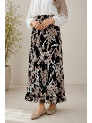 İmaj Butik Siyah Bel Lastikli Desenli Viscon Etek