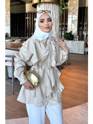 İmaj Butik Bej Yaka Bağlamalı Fırfırlı Gömlek