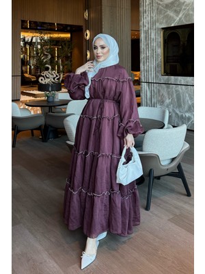 İmaj Butik Mürdüm Balon Kol Bel Bağlamalı Elbise