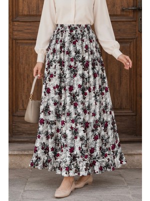 İmaj Butik Fuşya Bel Lastikli Desenli Viscon Etek