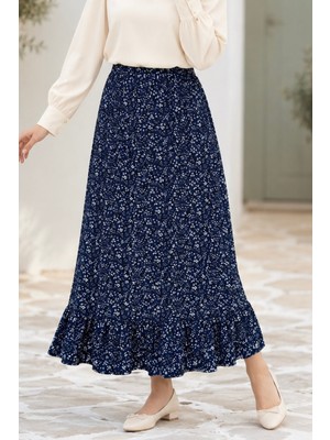 İmaj Butik Lacivert Bel Lastikli Alt Fırfırlı Desenli Etek