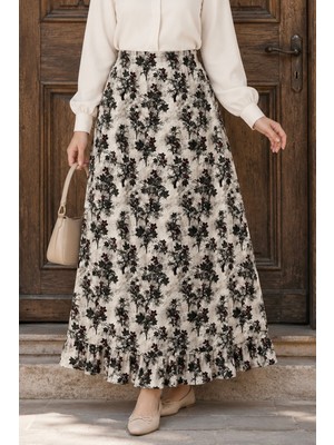 İmaj Butik Haki Bel Lastikli Desenli Viscon Etek