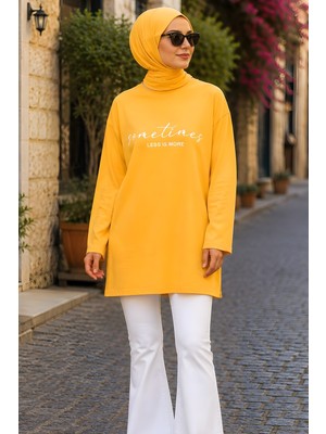 İmaj Butik Sarı Bisiklet Yaka Baskılı Süprem Tunik